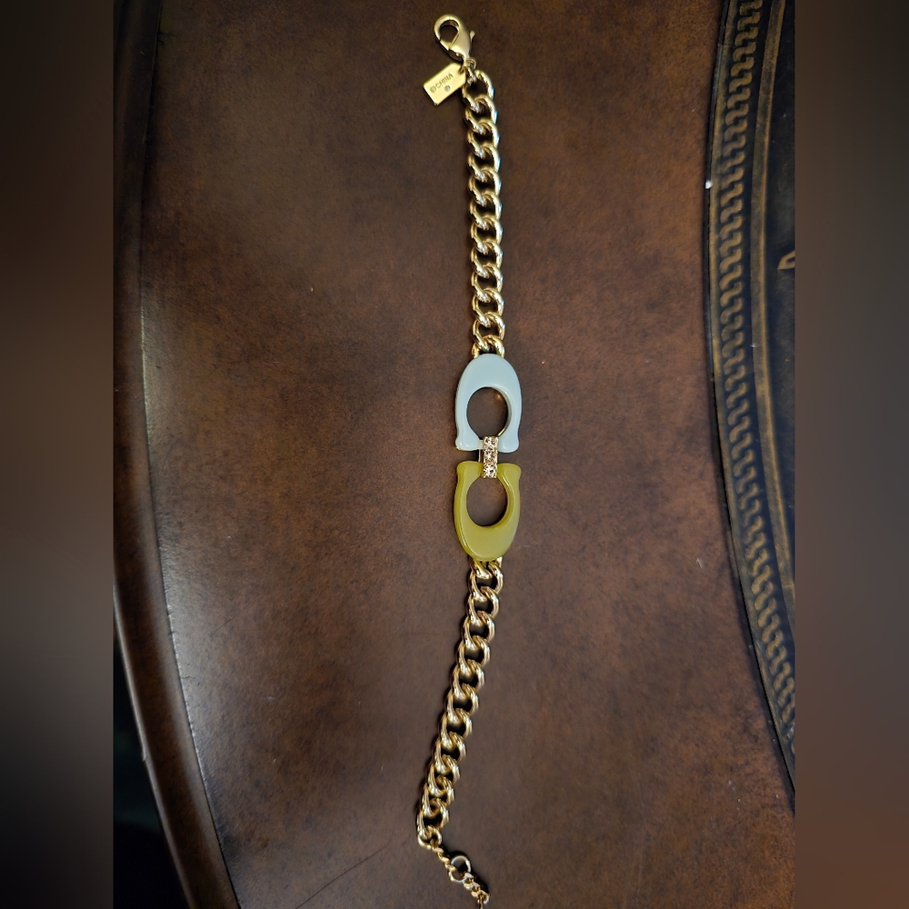 Coach Gold Chain Bracelet with White, Green and Gold Accents